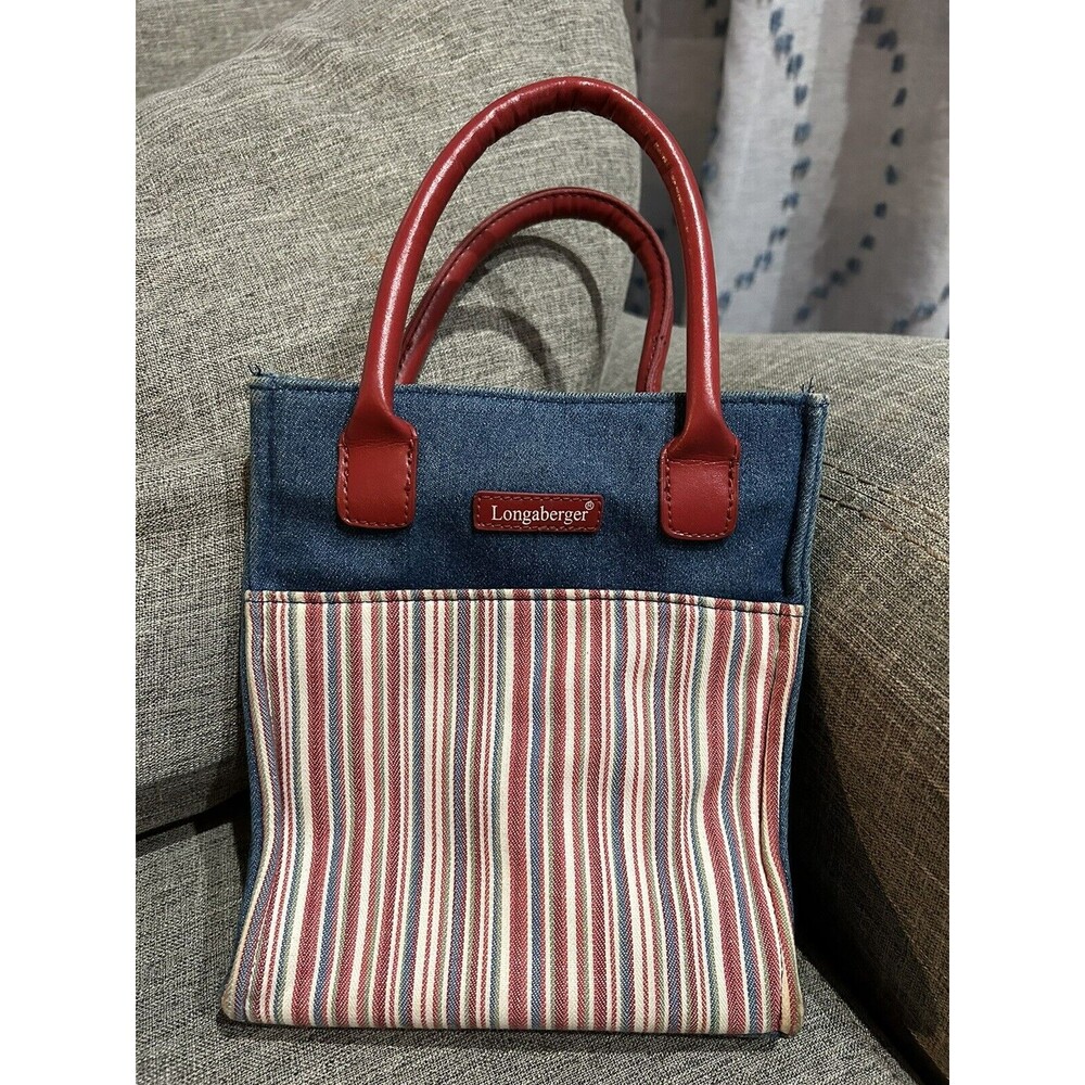 Longaberger Homestead Multi Color Striped Denim Small Tote Handbag Purse
